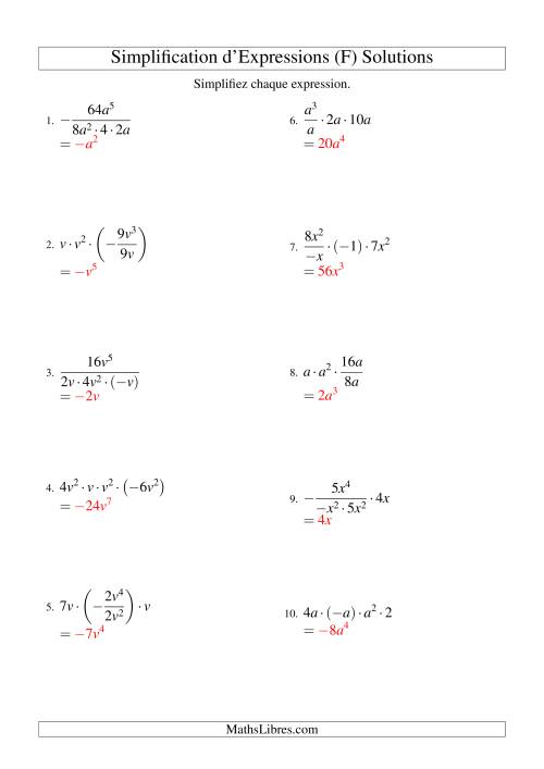 Simplification d'Expressions Algébriques avec Quatre Termes et Une Variable (Multiplication et Division) (F) page 2