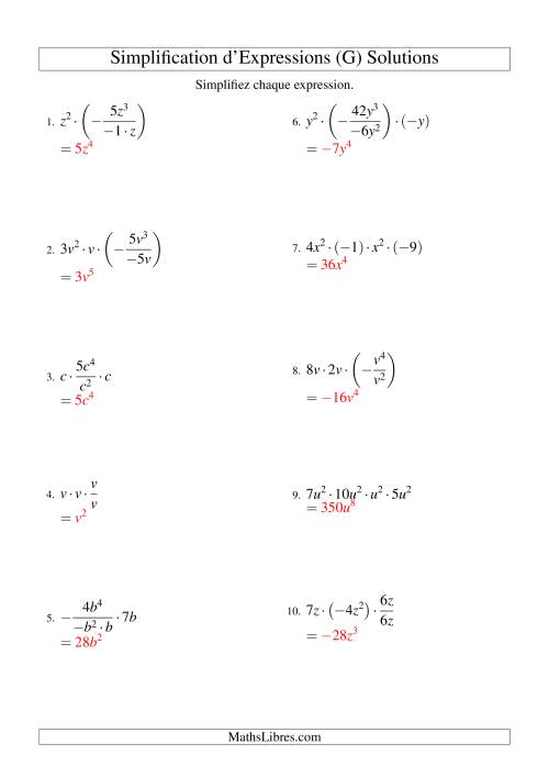 Simplification d'Expressions Algébriques avec Quatre Termes et Une Variable (Multiplication et Division) (G) page 2