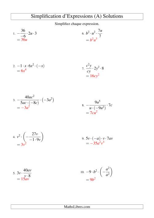 Simplification d'Expressions Algébriques avec Quatre Termes et Deux Variables (Multiplication et Division) (A) page 2