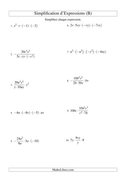 Simplification d'Expressions Algébriques avec Quatre Termes et Deux Variables (Multiplication et Division) (B)