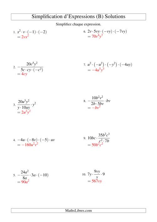 Simplification d'Expressions Algébriques avec Quatre Termes et Deux Variables (Multiplication et Division) (B) page 2