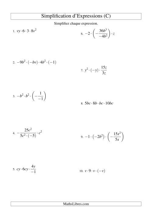 Simplification d'Expressions Algébriques avec Quatre Termes et Deux Variables (Multiplication et Division) (C)