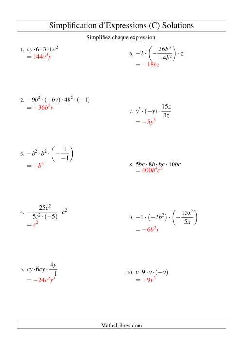 Simplification d'Expressions Algébriques avec Quatre Termes et Deux Variables (Multiplication et Division) (C) page 2