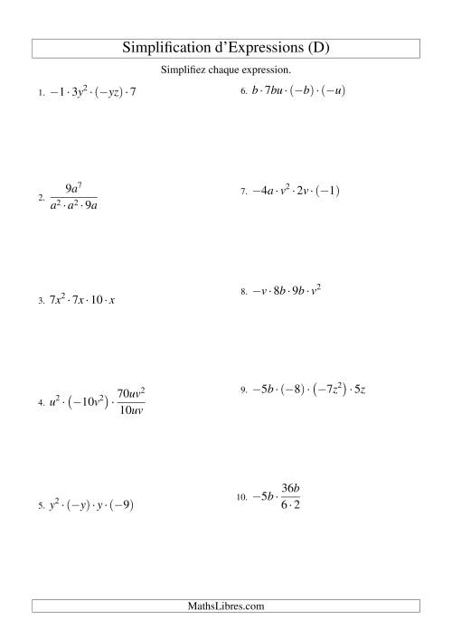 Simplification d'Expressions Algébriques avec Quatre Termes et Deux Variables (Multiplication et Division) (D)