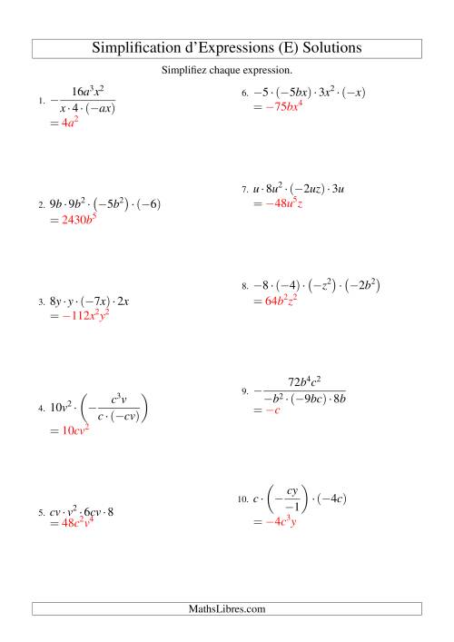 Simplification d'Expressions Algébriques avec Quatre Termes et Deux Variables (Multiplication et Division) (E) page 2