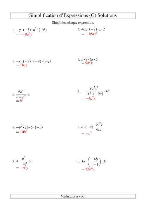 Simplification d'Expressions Algébriques avec Quatre Termes et Deux Variables (Multiplication et Division) (G) page 2