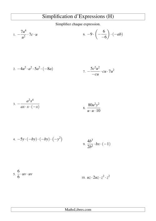 Simplification d'Expressions Algébriques avec Quatre Termes et Deux Variables (Multiplication et Division) (H)