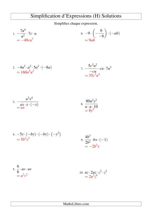 Simplification d'Expressions Algébriques avec Quatre Termes et Deux Variables (Multiplication et Division) (H) page 2