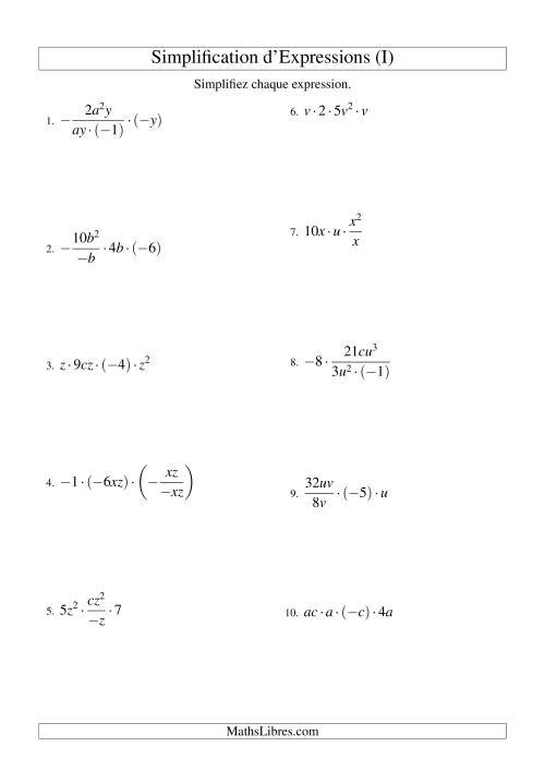 Simplification d'Expressions Algébriques avec Quatre Termes et Deux Variables (Multiplication et Division) (I)