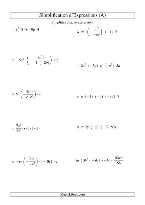 Simplification d'Expressions Algébriques avec Cinq Termes et Deux Variables (Multiplication et Division) (A)
