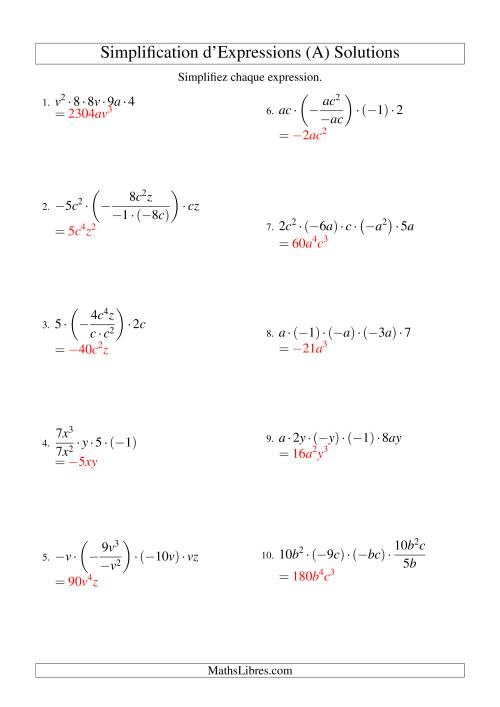 Simplification d'Expressions Algébriques avec Cinq Termes et Deux Variables (Multiplication et Division) (A) page 2
