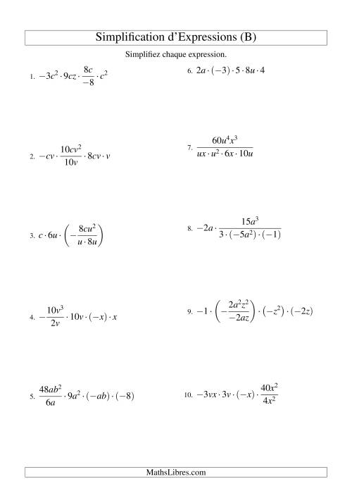 Simplification d'Expressions Algébriques avec Cinq Termes et Deux Variables (Multiplication et Division) (B)