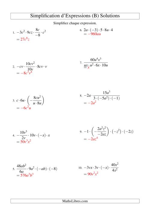 Simplification d'Expressions Algébriques avec Cinq Termes et Deux Variables (Multiplication et Division) (B) page 2