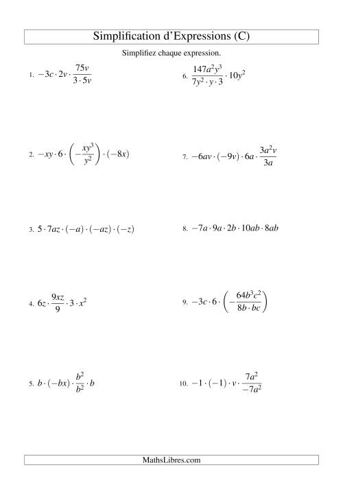 Simplification d'Expressions Algébriques avec Cinq Termes et Deux Variables (Multiplication et Division) (C)