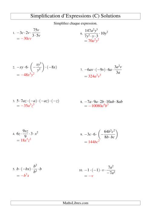 Simplification d'Expressions Algébriques avec Cinq Termes et Deux Variables (Multiplication et Division) (C) page 2