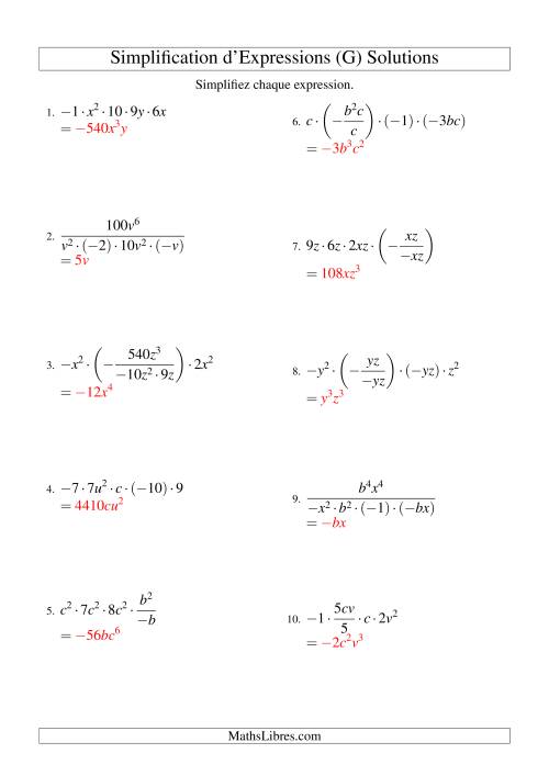 Simplification d'Expressions Algébriques avec Cinq Termes et Deux Variables (Multiplication et Division) (G) page 2