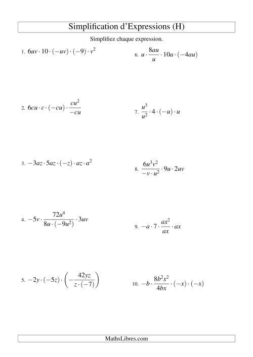 Simplification d'Expressions Algébriques avec Cinq Termes et Deux Variables (Multiplication et Division) (H)