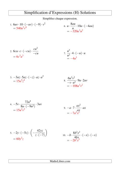 Simplification d'Expressions Algébriques avec Cinq Termes et Deux Variables (Multiplication et Division) (H) page 2