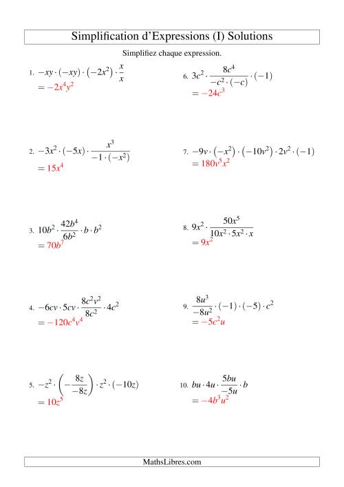 Simplification d'Expressions Algébriques avec Cinq Termes et Deux Variables (Multiplication et Division) (I) page 2