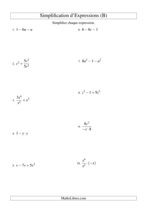 Simplification d'Expressions Algébriques avec Trois Termes et Une Variable (Toutes Opérations) (B)
