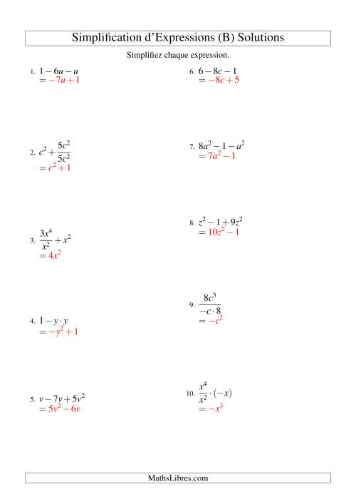 Simplification d'Expressions Algébriques avec Trois Termes et Une Variable (Toutes Opérations) (B) page 2