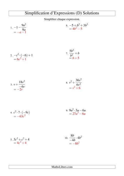 Simplification d'Expressions Algébriques avec Trois Termes et Une Variable (Toutes Opérations) (D) page 2