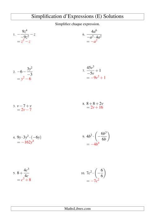 Simplification d'Expressions Algébriques avec Trois Termes et Une Variable (Toutes Opérations) (E) page 2