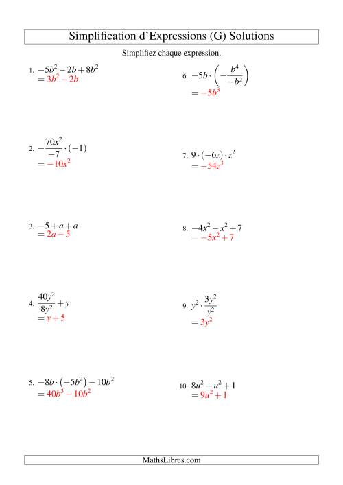Simplification d'Expressions Algébriques avec Trois Termes et Une Variable (Toutes Opérations) (G) page 2