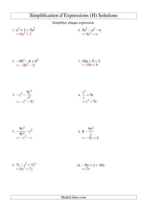 Simplification d'Expressions Algébriques avec Trois Termes et Une Variable (Toutes Opérations) (H) page 2