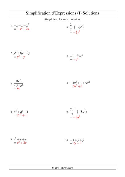 Simplification d'Expressions Algébriques avec Trois Termes et Une Variable (Toutes Opérations) (I) page 2