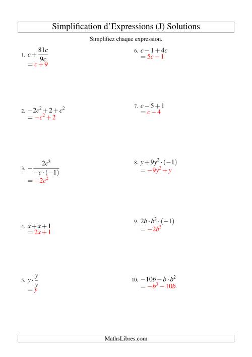 Simplification d'Expressions Algébriques avec Trois Termes et Une Variable (Toutes Opérations) (J) page 2