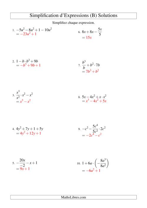 Simplification d'Expressions Algébriques avec Quatre Termes et Une Variable (Toutes Opérations) (B) page 2