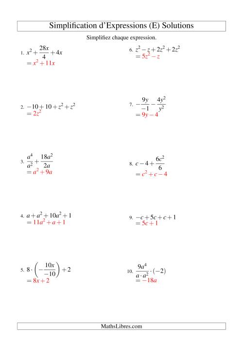 Simplification d'Expressions Algébriques avec Quatre Termes et Une Variable (Toutes Opérations) (E) page 2