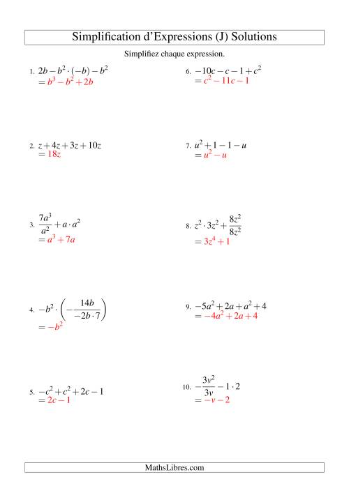 Simplification d'Expressions Algébriques avec Quatre Termes et Une Variable (Toutes Opérations) (J) page 2