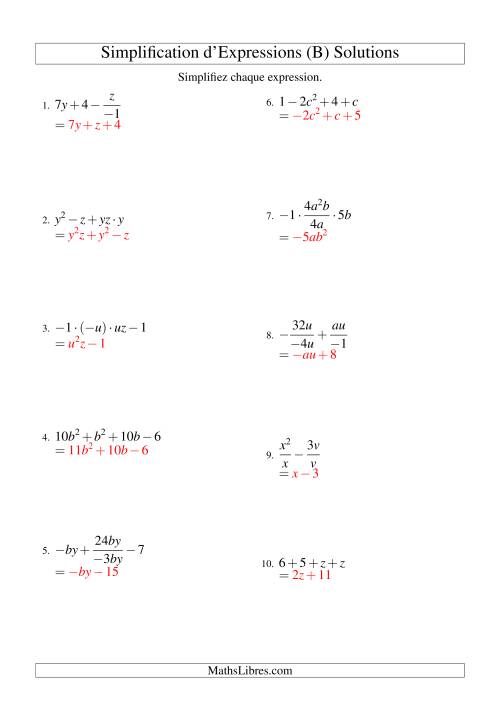 Simplification d'Expressions Algébriques avec Quatre Termes et Deux Variables (Toutes Opérations) (B) page 2