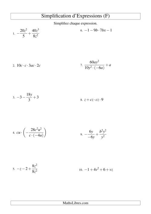 Simplification d'Expressions Algébriques avec Quatre Termes et Deux Variables (Toutes Opérations) (F)