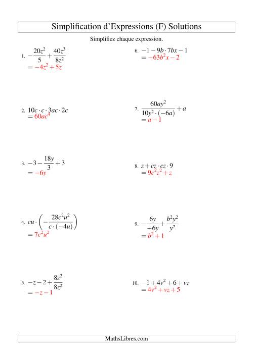 Simplification d'Expressions Algébriques avec Quatre Termes et Deux Variables (Toutes Opérations) (F) page 2