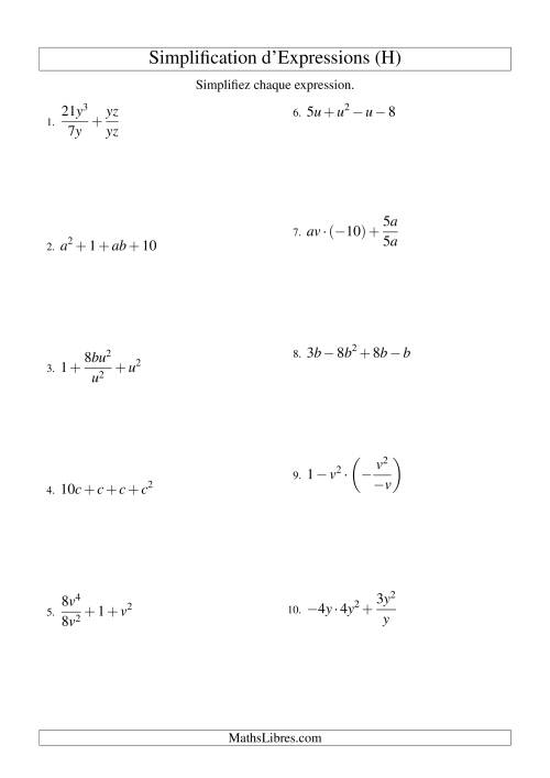Simplification d'Expressions Algébriques avec Quatre Termes et Deux Variables (Toutes Opérations) (H)