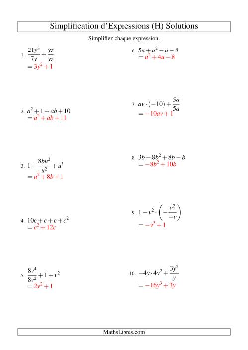 Simplification d'Expressions Algébriques avec Quatre Termes et Deux Variables (Toutes Opérations) (H) page 2