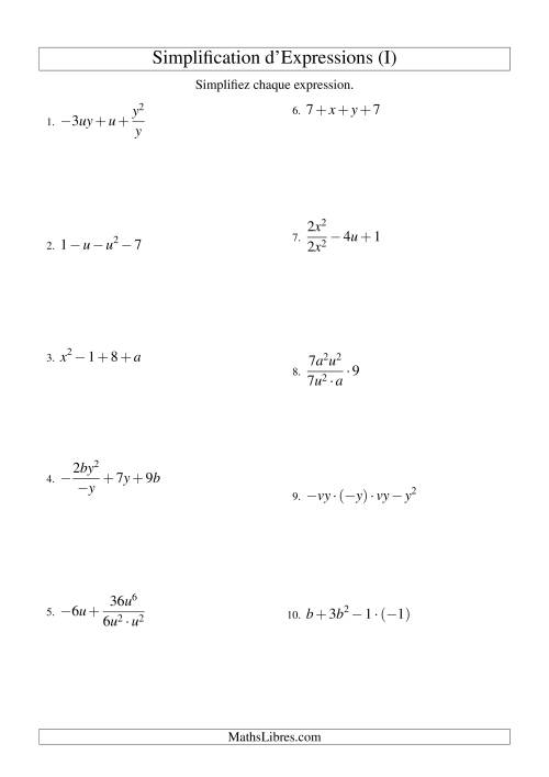 Simplification d'Expressions Algébriques avec Quatre Termes et Deux Variables (Toutes Opérations) (I)