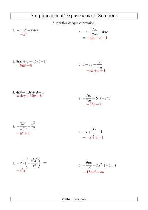 Simplification d'Expressions Algébriques avec Quatre Termes et Deux Variables (Toutes Opérations) (J) page 2