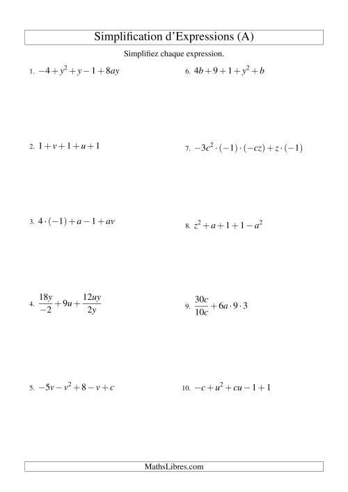 Simplification d'Expressions Algébriques avec Cinq Termes et Deux Variables (Toutes Opérations) (A)