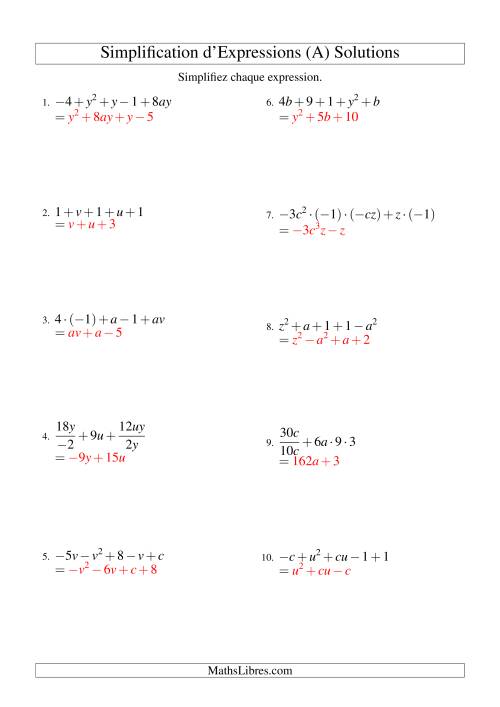 Simplification d'Expressions Algébriques avec Cinq Termes et Deux Variables (Toutes Opérations) (A) page 2