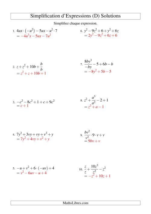 Simplification d'Expressions Algébriques avec Cinq Termes et Deux Variables (Toutes Opérations) (D) page 2
