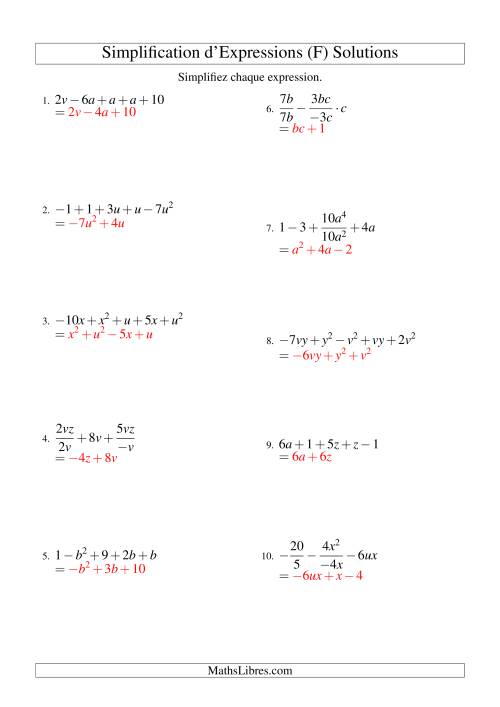 Simplification d'Expressions Algébriques avec Cinq Termes et Deux Variables (Toutes Opérations) (F) page 2