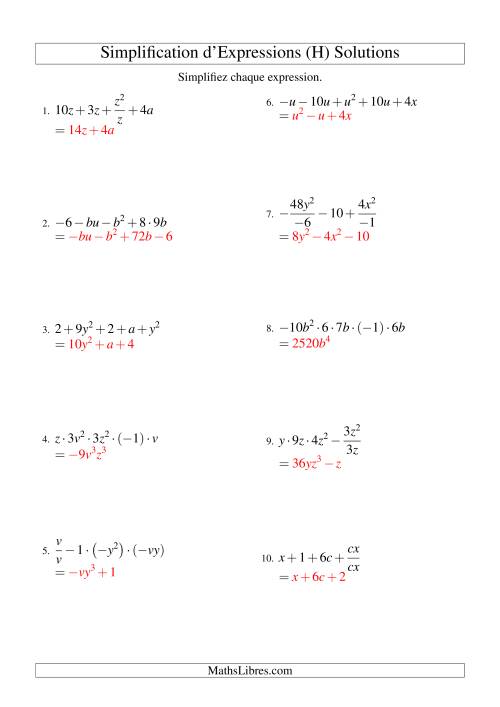 Simplification d'Expressions Algébriques avec Cinq Termes et Deux Variables (Toutes Opérations) (H) page 2