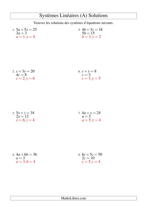 Systèmes d'Équations Linéaires -- Une Variable -- Facile (A) page 2