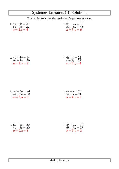 Systèmes d'Équations Linéaires -- Une Variable Incluant Valeurs Négatives -- Facile (B) page 2