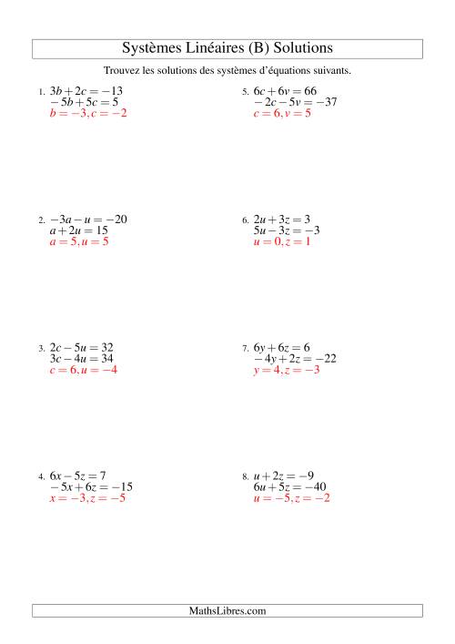 Systèmes d'Équations Linéaires -- Trois Variables Incluant Valeurs Négatives -- Facile (B) page 2