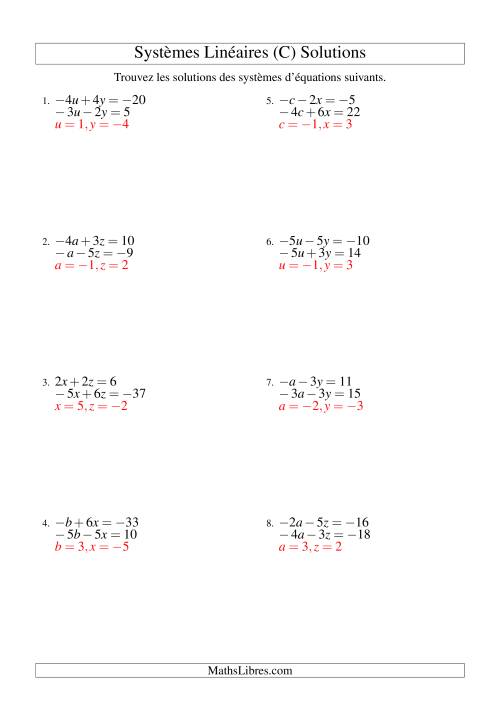 Systèmes d'Équations Linéaires -- Trois Variables Incluant Valeurs Négatives -- Facile (C) page 2